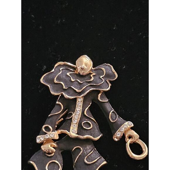 Vintage Estate Articulating Clown Brooch Gold Tone Black Enamel Rhinestone - Picture 2 of 6